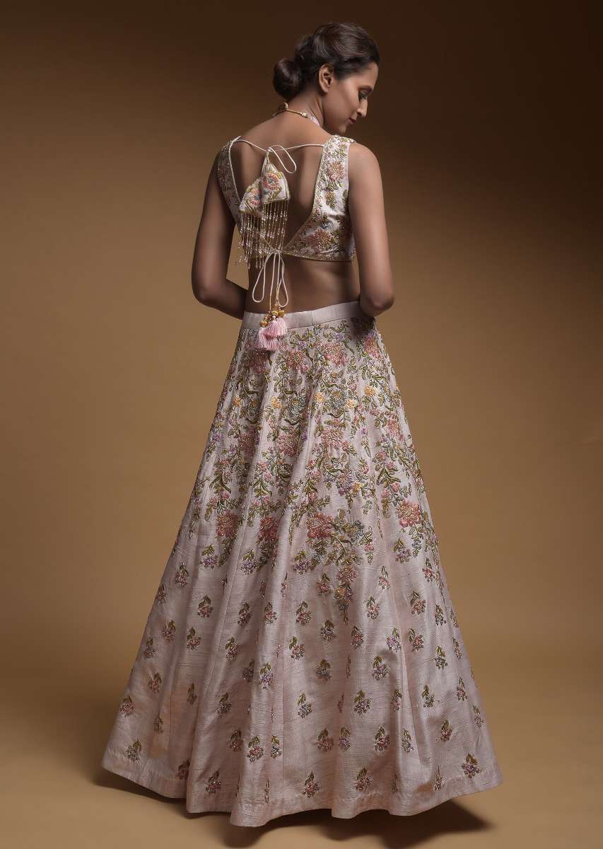 Baby Pink Lehenga Choli In Raw Silk With Hand Embroidered Resham Flowers