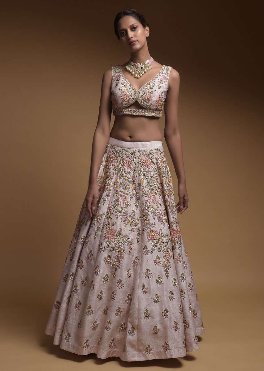 Baby Pink Lehenga Choli In Raw Silk With Hand Embroidered Resham Flowers