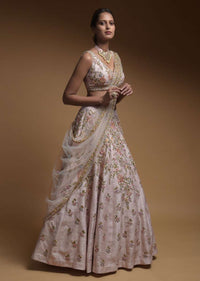 Baby Pink Lehenga Choli In Raw Silk With Hand Embroidered Resham Flowers