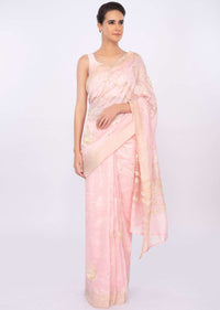 Baby pink linen saree with embroidered butti only on kalki