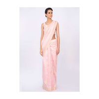 Baby pink linen saree with embroidered butti only on kalki