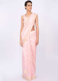 Baby pink linen saree with embroidered butti only on kalki