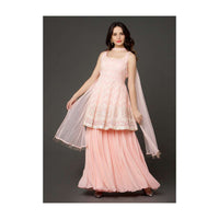 Baby Pink Palazzo Suit With Peplum Kurti Adorned With Resham Work In Chevron Pattern Online - Kalki Fashion