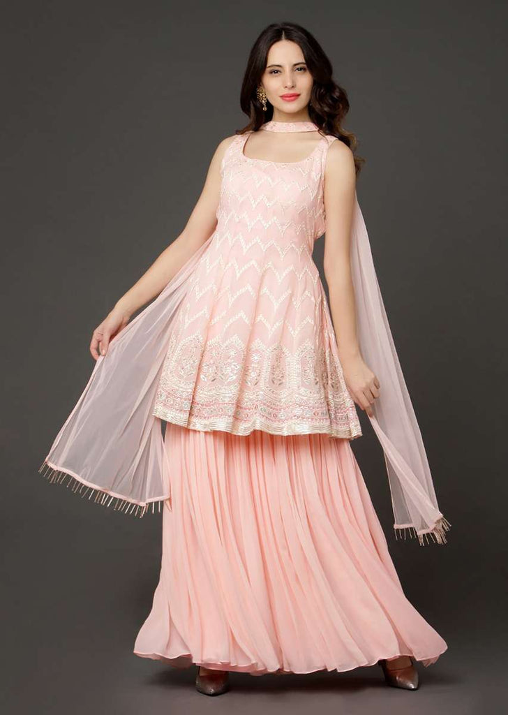 Baby Pink Palazzo Suit With Peplum Kurti Adorned With Resham Work In Chevron Pattern Online - Kalki Fashion