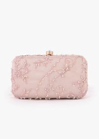 Baby Pink Rounded Box Clutch With Embroidered Net Adorned In Moti, Cut Dana And Resham In Floral Motifs Online - Kalki Fashion