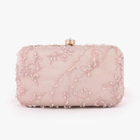 Baby Pink Rounded Box Clutch With Embroidered Net Adorned In Moti, Cut Dana And Resham In Floral Motifs Online - Kalki Fashion