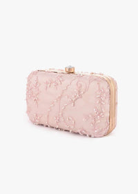 Baby Pink Rounded Box Clutch With Embroidered Net Adorned In Moti, Cut Dana And Resham In Floral Motifs Online - Kalki Fashion