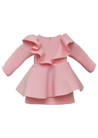 Baby Pink Ruffle Dress In Scuba Fabric With Peplum Waist By Fayon Kids