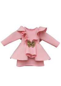 Baby Pink Ruffle Dress In Scuba Fabric With Peplum Waist By Fayon Kids