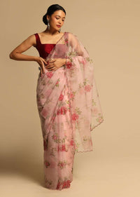 Baby Pink Saree In Organza With Floral Print All Over And Scalloped Resham Border Along With Unstitched Blouse