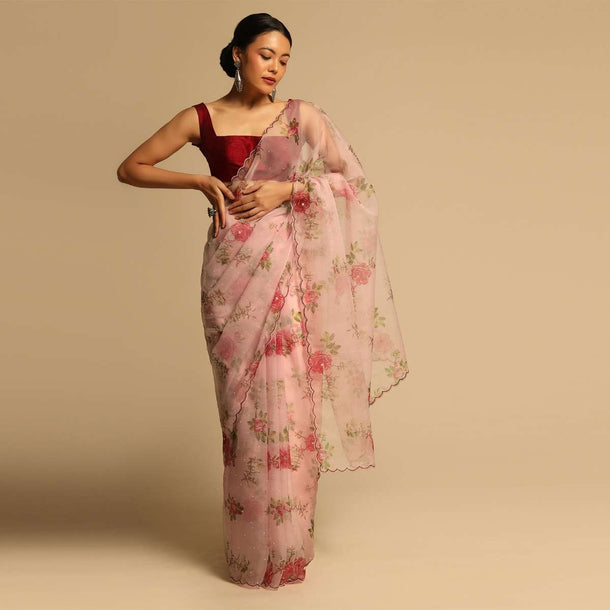 Baby Pink Saree In Organza With Floral Print All Over And Scalloped Resham Border Along With Unstitched Blouse