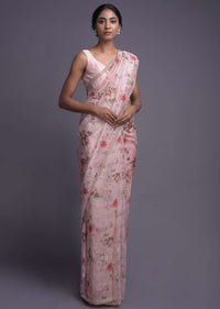 Baby Pink Saree In Organza With Floral Print And Embellished Buttis And Border Online - Kalki Fashion