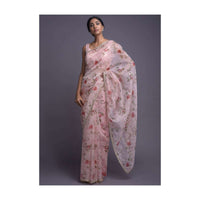 Baby Pink Saree In Organza With Floral Print And Embellished Buttis And Border Online - Kalki Fashion