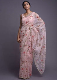 Baby Pink Saree In Organza With Floral Print And Embellished Buttis And Border Online - Kalki Fashion