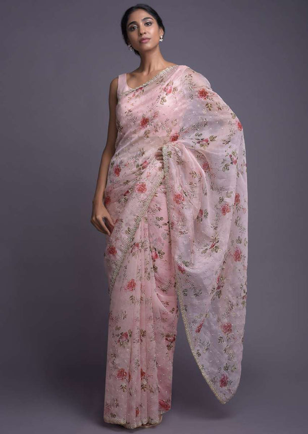 Baby Pink Saree In Organza With Floral Print And Embellished Buttis And Border Online - Kalki Fashion