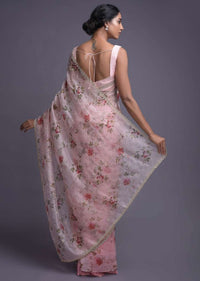 Baby Pink Saree In Organza With Floral Print And Embellished Buttis And Border Online - Kalki Fashion