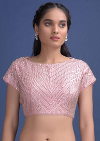 Baby Pink Saree In Organza With Weaved Floral Motifs And Embellished On The Border Online - Kalki Fashion