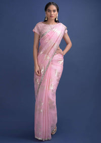 Baby Pink Saree In Organza With Weaved Floral Motifs And Embellished On The Border Online - Kalki Fashion