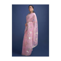 Baby Pink Saree In Organza With Weaved Floral Motifs And Embellished On The Border Online - Kalki Fashion