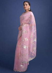 Baby Pink Saree In Organza With Weaved Floral Motifs And Embellished On The Border Online - Kalki Fashion