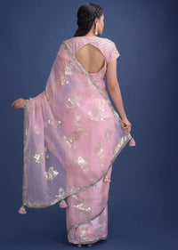 Baby Pink Saree In Organza With Weaved Floral Motifs And Embellished On The Border Online - Kalki Fashion