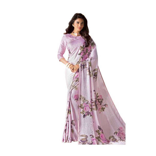 Baby pink saree in satin with roe motif digital print