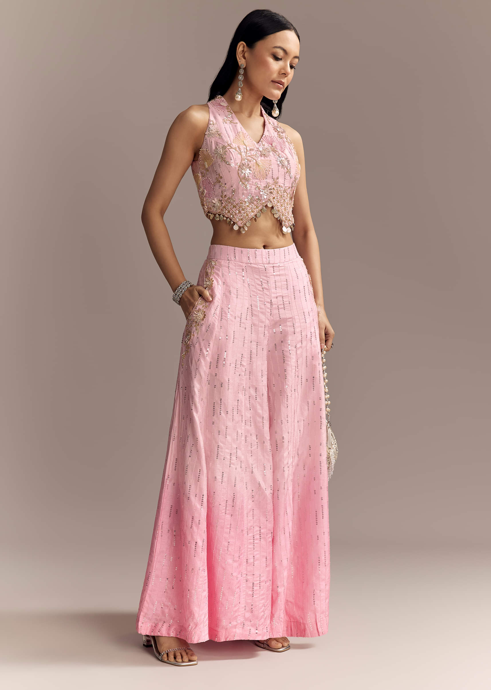 Buy Baby Pink Silk Crop Top And Palazzo Set With Intricate