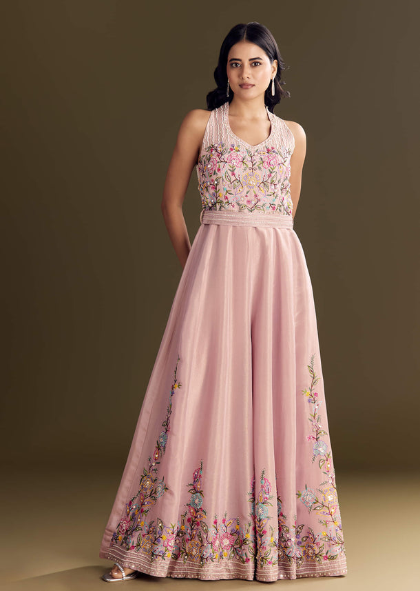 Baby Pink Tissue Jumpsuit With Moti Cutdana Belt
