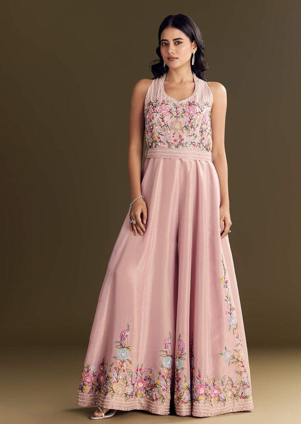 Baby Pink Tissue Jumpsuit With Moti Cutdana Belt
