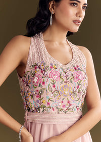 Baby Pink Tissue Jumpsuit With Moti Cutdana Belt