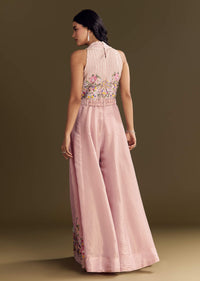 Baby Pink Tissue Jumpsuit With Moti Cutdana Belt