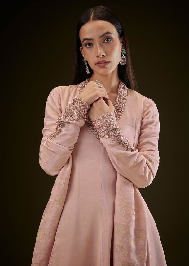 Baby Pink V Neck Anarkali With Printed Dupatta