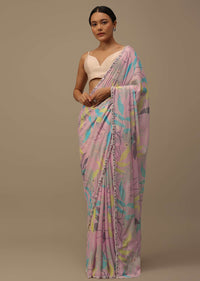 Baby Pink Embroidered Muslin Saree With Floral Print And Scallop Borders