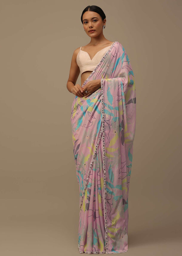 Baby Pink Embroidered Muslin Saree With Floral Print And Scallop Borders