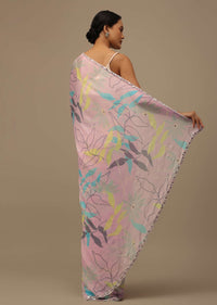 Baby Pink Embroidered Muslin Saree With Floral Print And Scallop Borders