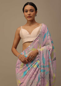 Baby Pink Embroidered Muslin Saree With Floral Print And Scallop Borders