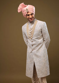 Powder Blue Silk Sherwani Set In Zari And Sequins Embroidery