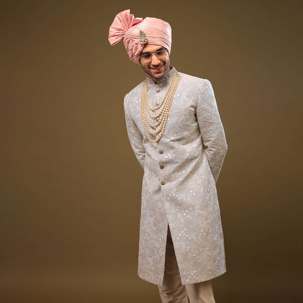 Powder Blue Silk Sherwani Set In Zari And Sequins Embroidery