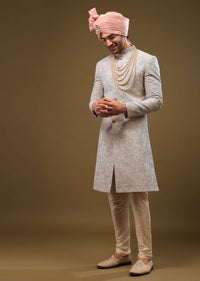 Powder Blue Silk Sherwani Set In Zari And Sequins Embroidery