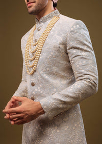 Powder Blue Silk Sherwani Set In Zari And Sequins Embroidery