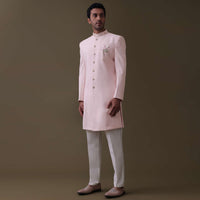 Baby Pink Embroidered Sherwani In Silk With Collar Detailing