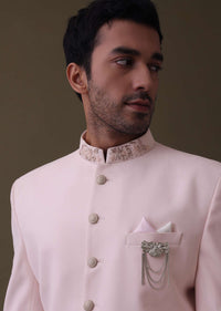 Baby Pink Embroidered Sherwani In Silk With Collar Detailing