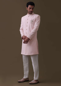 Baby Pink Embroidered Sherwani In Silk With Collar Detailing