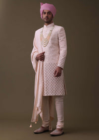 Baby Pink Sherwani Set In Raw Silk With Thread Work And Moti Embroidery