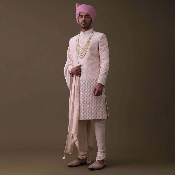 Baby Pink Sherwani Set In Raw Silk With Thread Work And Moti Embroidery