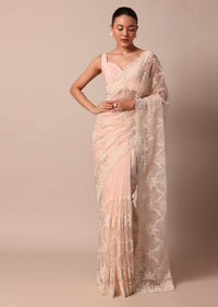 Baby Pink Chikankari Organza Silk Saree With Scallop Border And Unstitched Blouse Fabric