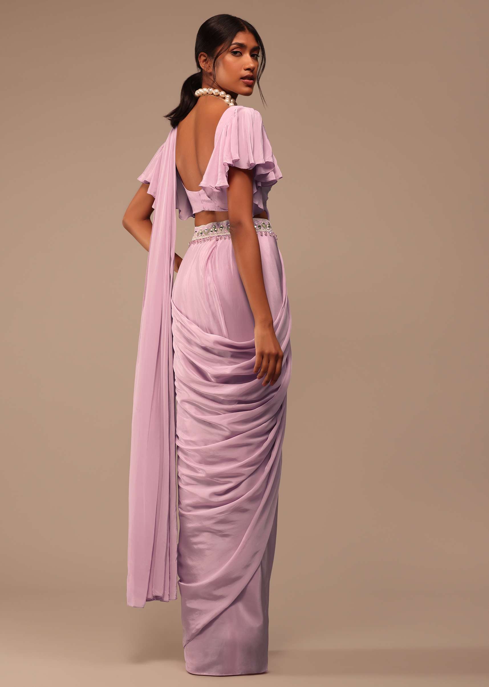 Baby Pink Crepe Saree With Fancy Bow Shaped Blouse And Belt