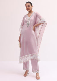 Baby Pink Embroidered Silk Kaftan Kurta Pant