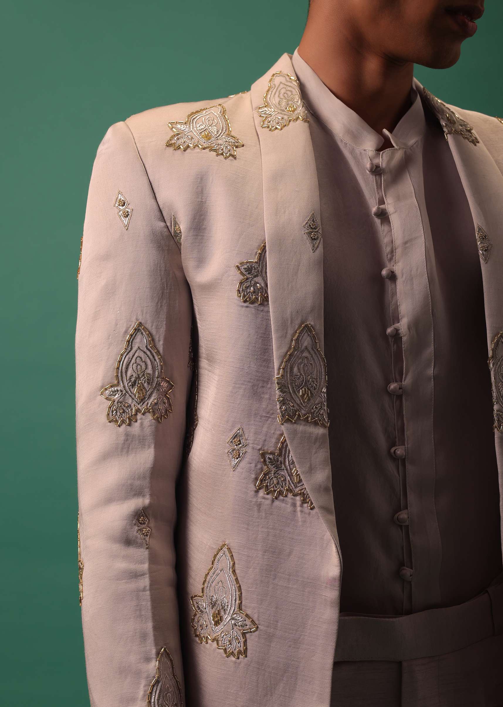 Baby Pink Embroidered Tuxedo Set Embedded With Golden Motifs