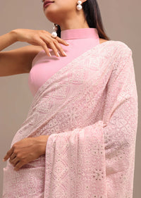Baby Pink Georgette Chikankari Saree With Unstitched Blouse